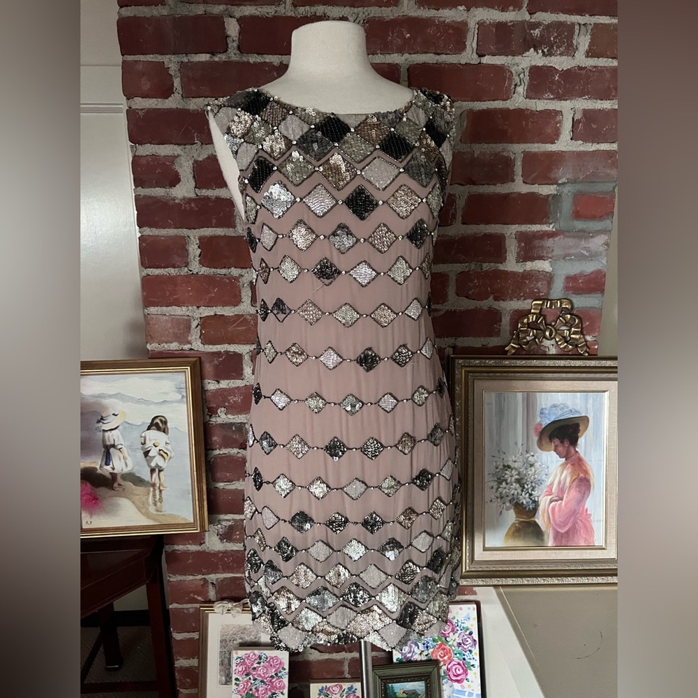 Alice + Olivia Silver and Bronze Sequin Embellished Mini Dress with Sheer Back